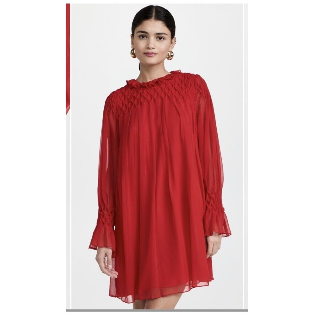 Rebecca Taylor Arden Fern Diamond Smocked Mock-Neck‎ Dress Red SZ L Short Easter